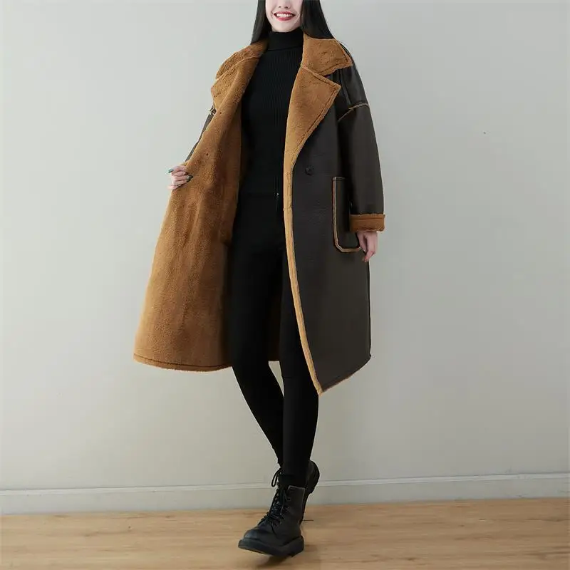 Female new winter Korean style with velvet long outerwear thick loose plus size PU coat