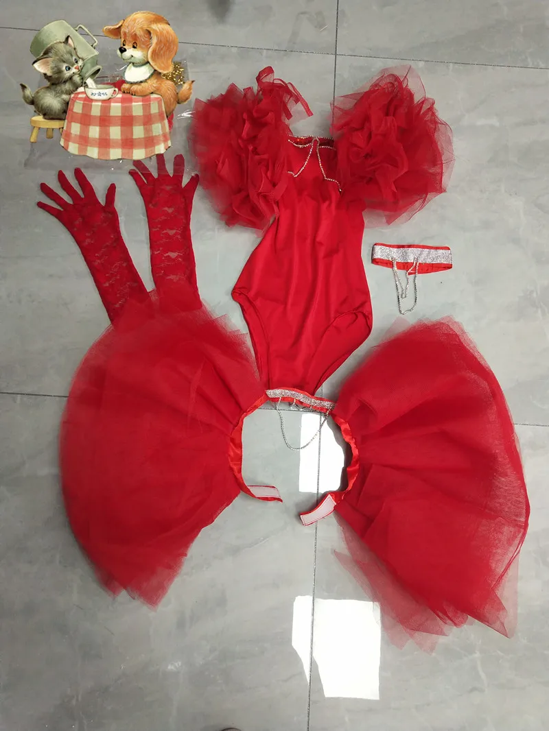 Bar Nightclub Women Singer Sexy Stage Wear Red Tutu Skirt Bodysuit Rose Headdress Outfits Club Party Dancer Models Show Costume