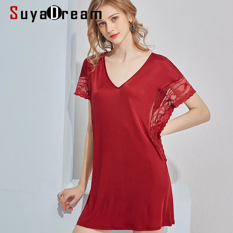 SuyaDream Women Silk Sleepdress Natural Silk and Lace Black Wine Sexy Mini Dresses 2021 Summer Nightgowns