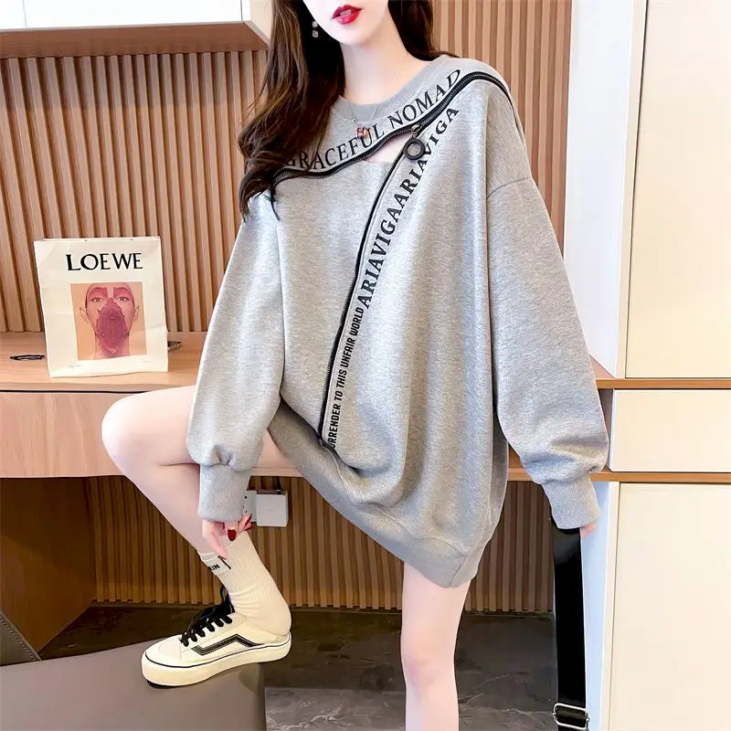 Womens Pullover Mid-length Printed Letter Sweatshirt Autumn 2024 Design Loose Hollowed Oversized Long Sleeve T Shirt Women Tops