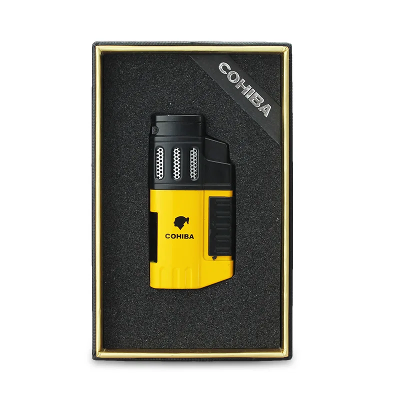 COHIBA Cigar Torch Lighter 4 Torch Jet Flame Refillable with Punch Smoking Accessories Tool for Smoking Portable Gas Lighter