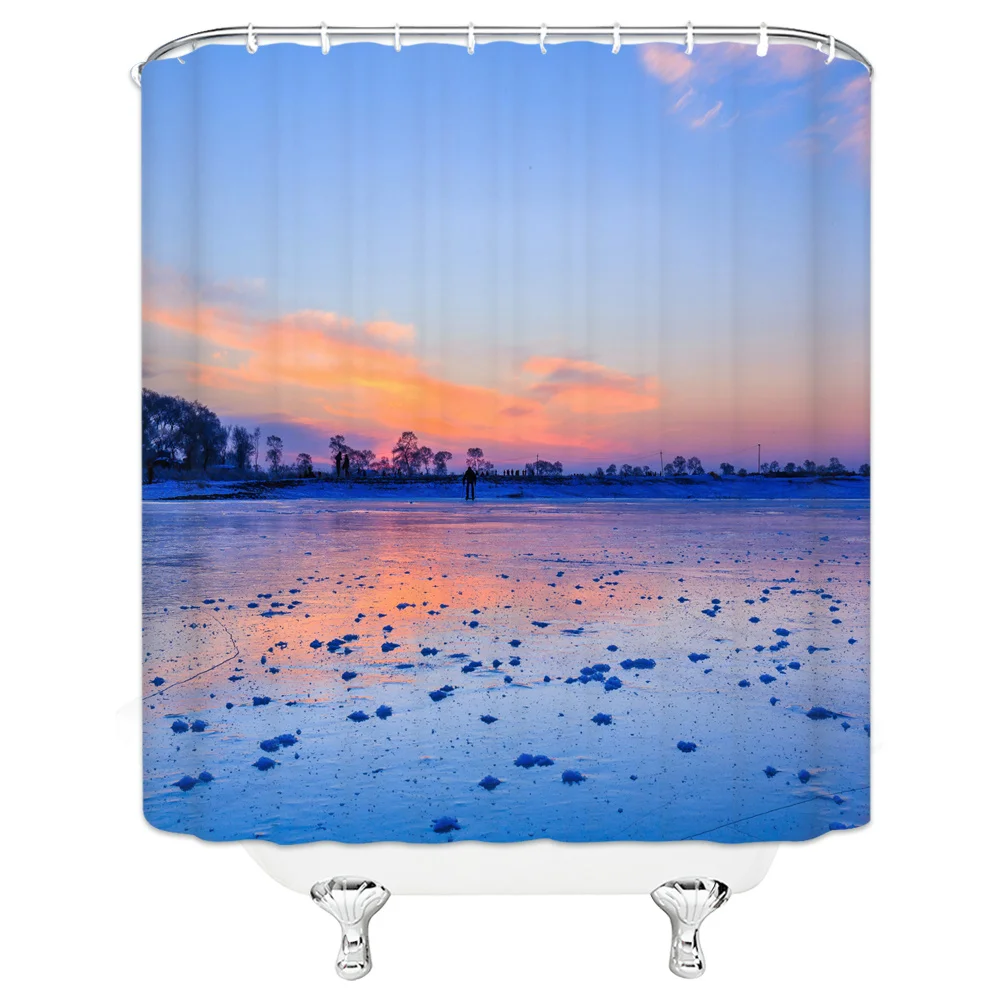 Landscape Shower Curtains Winter Dusk Field Natural Beauty Sky Color Cloud Bathroom Decor Waterproof Cloth Curtain Set