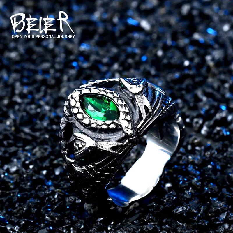 BEIER new store Double Snake King Entangled Animal Ring Green Stone Eye Men\'s Ring High Quality Jewelry LLBR8-599R