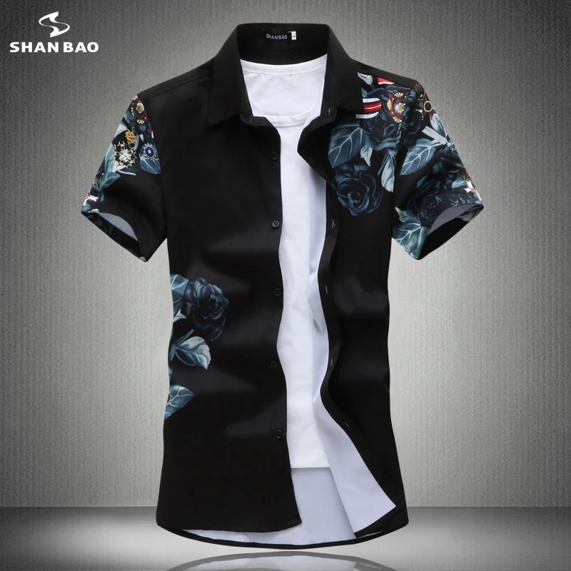 SHANBAO brand original rose splash ink printing men\'s casual short-sleeved shirt 2020 summer new fashion shirt black white19200