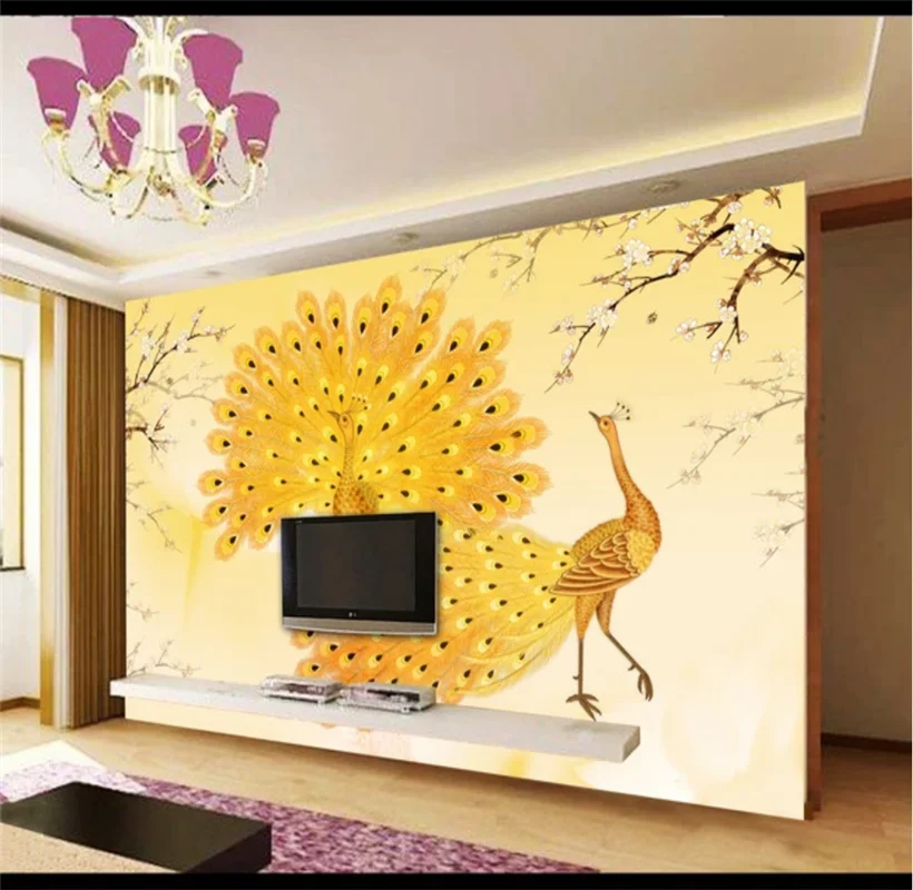 Creative golden peacock TV background wall custom wallpaper 8D waterproof wall covering