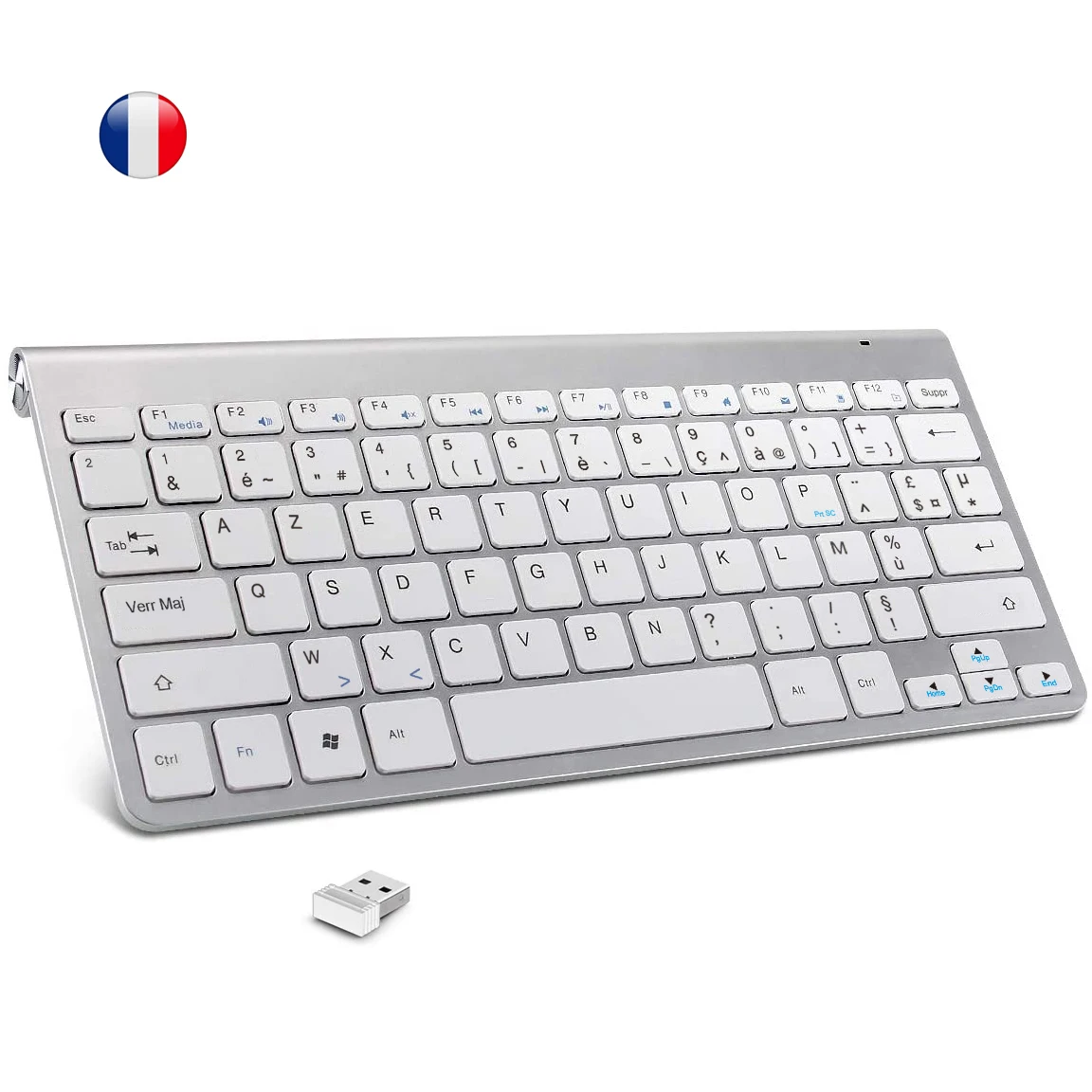 AZERTY French Layout Wireless Keyboard Ultra Slim Multimedia Keyboard Low Noise for Laptop Desktop Windows Smart TV