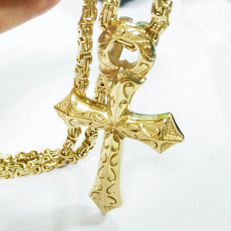 Fashion Cross Pendant Necklace For Men Gold Color Stainless Steel 5mm Byzantine Necklace Men Hip Hop Jewelry