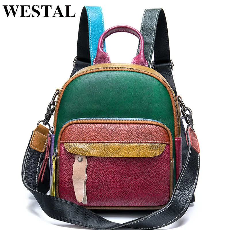 WESTAL Small Women\'s Backpack Genuine Leather School Bag for Teenager Girls Patchwork Daypack Mini Backpack Women Back Bag 049