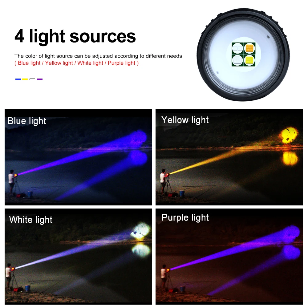 Powerful Fishing Light with Tripod 4 Color Searchlight Zoomable Flashlight Portable Spotlight Handheld Emergency Light