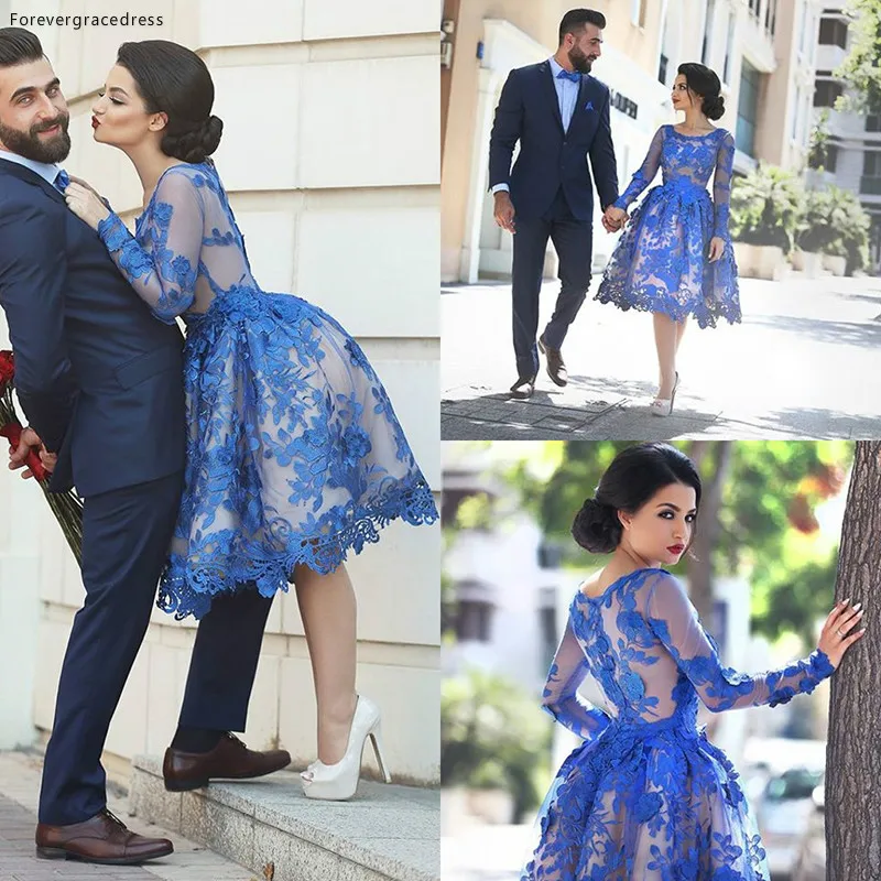 Royal Blue Knee Length Wedding Dress High Quality Lace Long Sleeves Bridal Gown