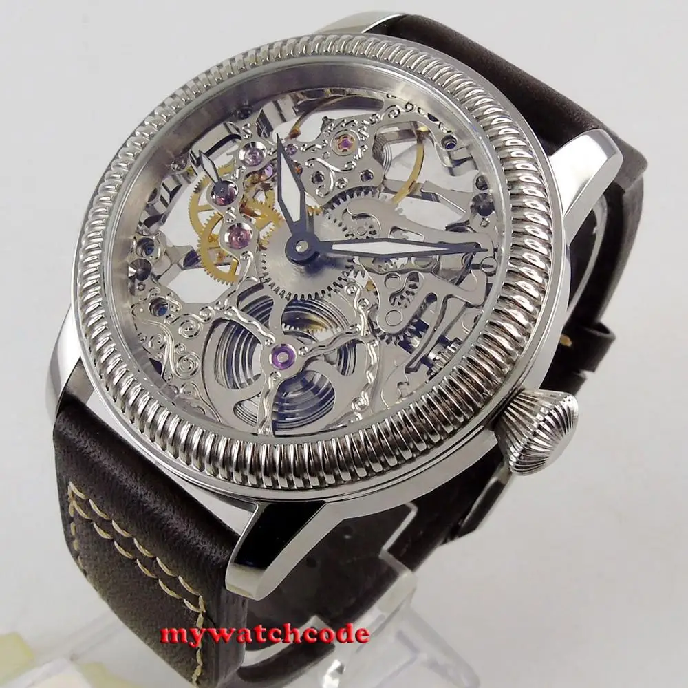 PARNIS Luxury 44mm Skeleton Hollow Dial Mechanical Hand Winding 6497 Movement Men's Wristwatch Relogio Masculino