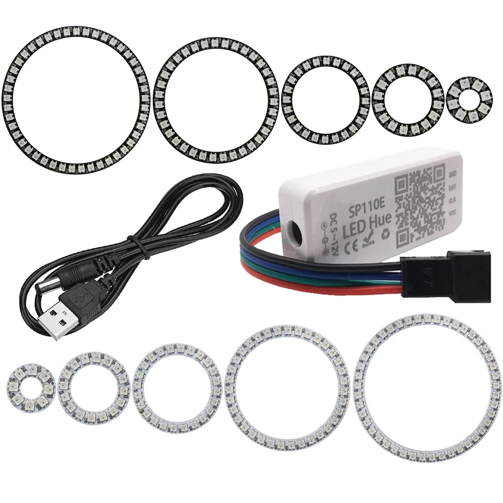 WS2812B LED Pixel Ring Controller, Kit USB, Endereçável individualmente, WS2812 IC, Luzes integradas, DC5V, SP110E, 8, 16, 24, 35, 45LEDs