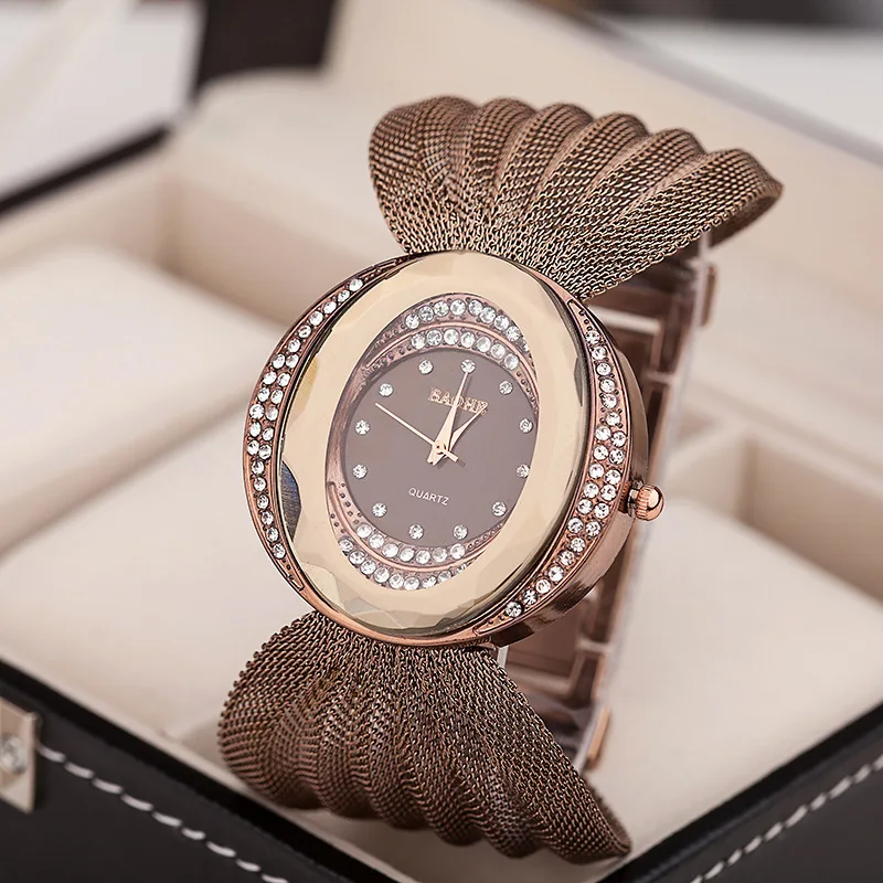 Mesh Band Women Watch Fashion Oval Gold Bracelet Alloy Quartz Watch Dress Rhinestone Women's Wristwatches Ladies Bracelet Clock