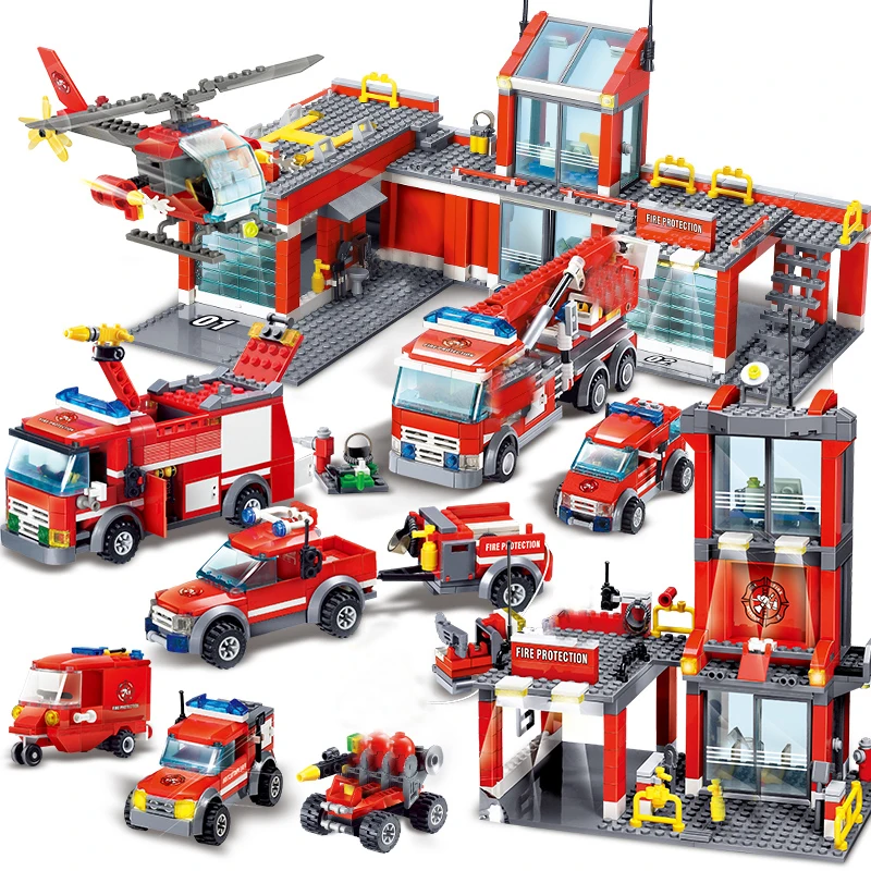 QWZ City Fire Station Building Blocks Sets Fire Engine Fighter Truck Enlighten Bricks Playmobil Toys for Children Gifts