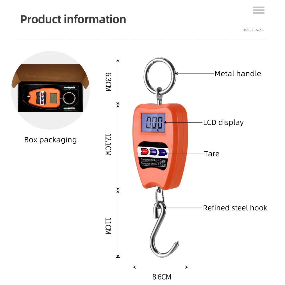 200kg Digital Hook Scales Mini Crane Scale Industrial Hanging Scale 200kg/441lb Heavy Duty Weighing Scale Stainless Steel 40%