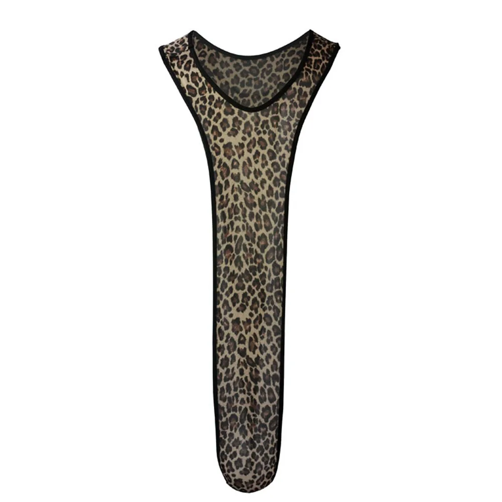 Sexy Underwear Men Bikini Swimmwear One-piece Skinny Neck Jumpsuit Leopard Bodysuit ZJH122B