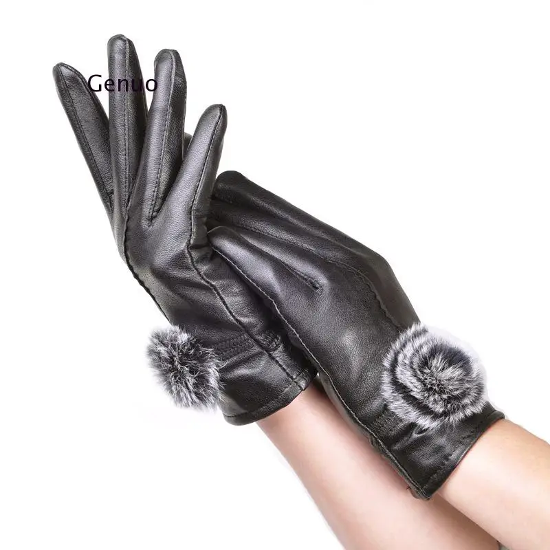 

New Fashion Mittens Female Sheepskin Leather Gloves and Thicken with Velvet Winter Gloves Women Lovely Rabbit Fur Glove