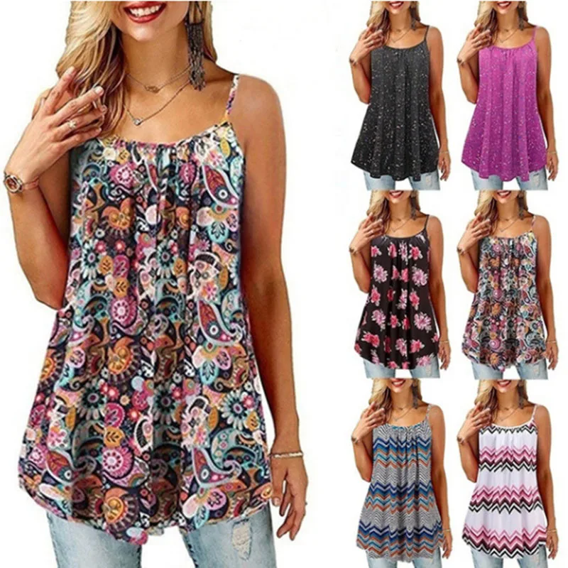 

Summer plus size suspender T-shirt 5XL 6XL 7XL fashionable new ladies printed loose suspender top T-shirt multicolor optional.