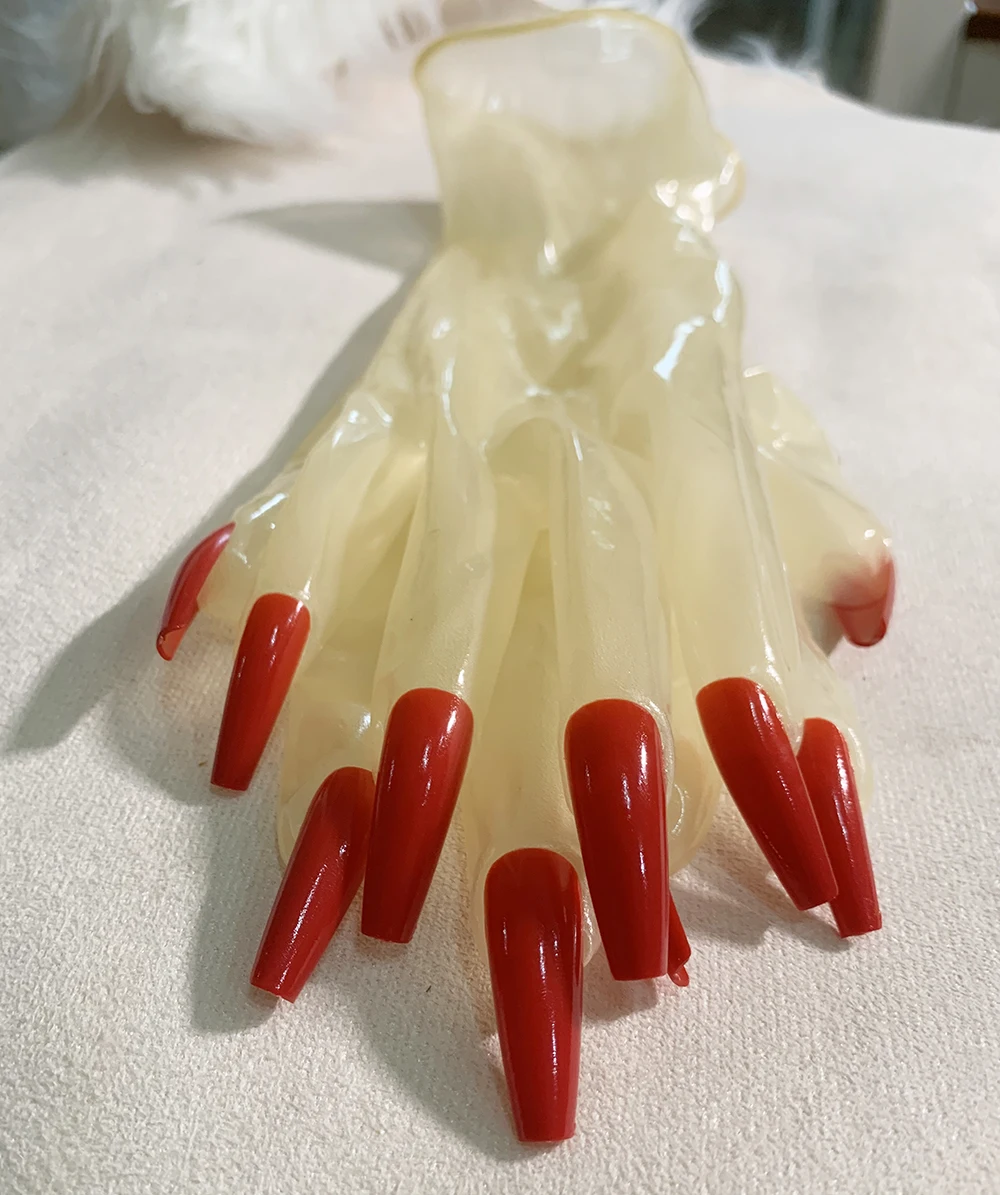 Crossdress Male To Female Oil Shiny Transparent Super Thin Latex Zentai Long Red Flat Nails Fetish Sheer Cosplay Kigurumi Gloves