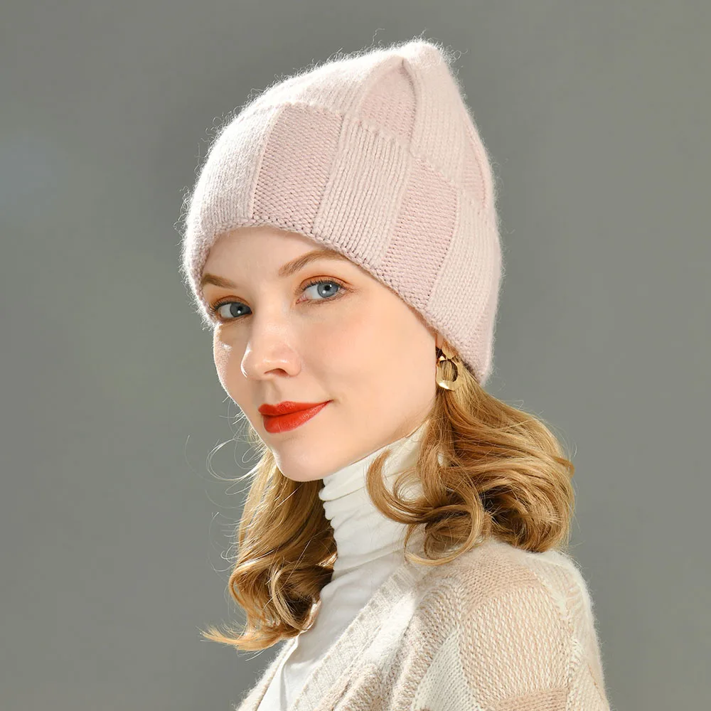 Jxwatcher 2024 Winter Hat Solid Color Soft Beanies Women Warm Wool Hat Ladies Striped Cuffed Cashmere Knitted Skullies Beanies