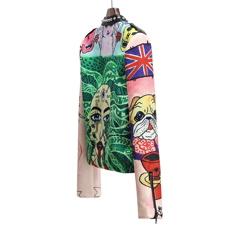 Jaqueta de couro PU para mulheres, casacos punk hipster, estilo moto, estamparia de rebites, nova, primavera e outono