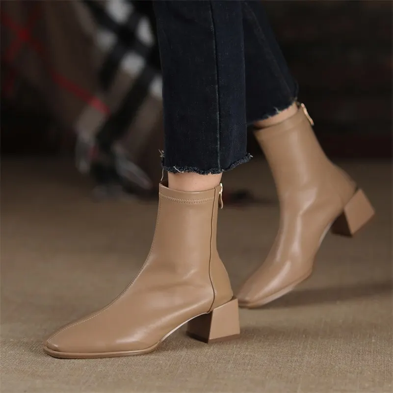 Meotina Ankle Boots Women Genuine Leather High Heel Shoes Thick Heel Short Boots Zip Square Toe Ladies Boots Autumn Winter Beige