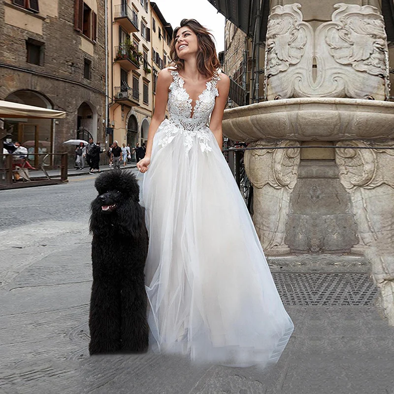 Fanweimei abiti da sposa scollo a v senza maniche in pizzo Boho abito da sposa abiti da sposa arabi vestido novia lunghezza del pavimento