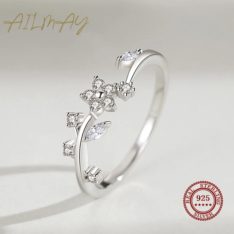 Ailmay Hot Sale Genuine 925 Sterling Silver Lovely Flower Rings Cubic Zirconia Women Minimalist Fine Jewelry 2021 New Style