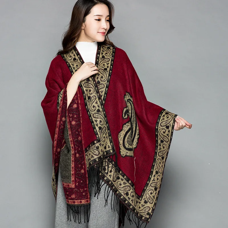 National Style Cashmere Pashmina Women\'s Winter Poncho Scarves Thick Tassel Shawl Wrap Two Sides Scarf Travel Photo Blanket