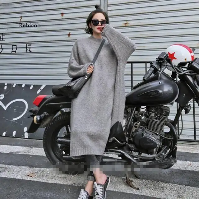 Korean Loose Stand Collar Knitted Sweater Fashion Candy Color Women's Knitted Dresses Spring Female Long Pullover Sweaters