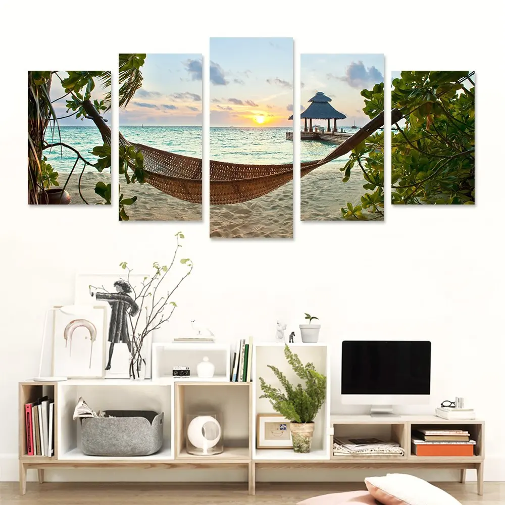 

5 Piece Wall Art Canvas Painting Beautiful Setting Sun Landscape Seascape Poster Modern Living Room Decoration Pictures