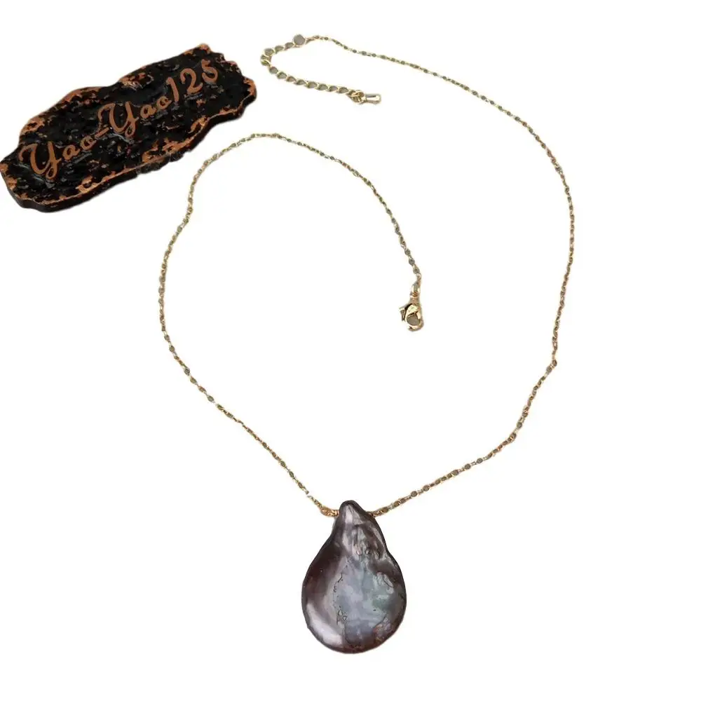 17''  Black Coin Keshi Pearl pendant Yellow Gold color Plated Chain necklace Elegant Women Gifts