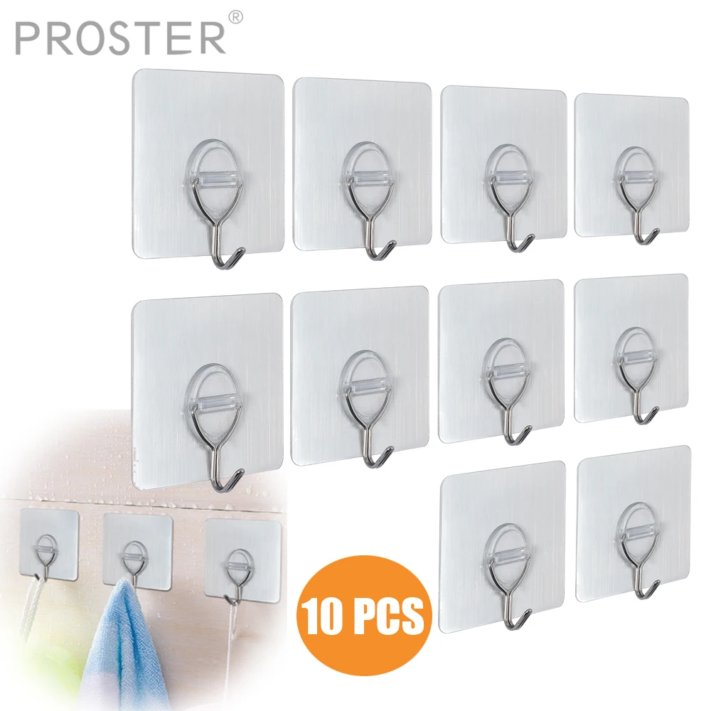 Proster 10 pcs for Nail Free Reusable Adhesive Heavy Duty No Scratch Wall Hook Sliver hooks for Hat Towel Robe