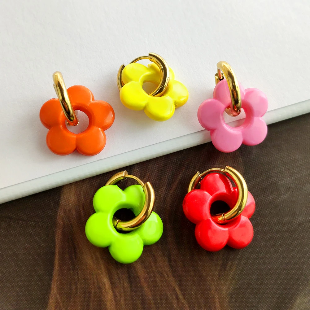 Trendy Cute Candy Color Flower Pendant Hoop Earrings For Women Colorful Acrylic Flowers Circle Hoop Earring Y2K Korean Jewelry