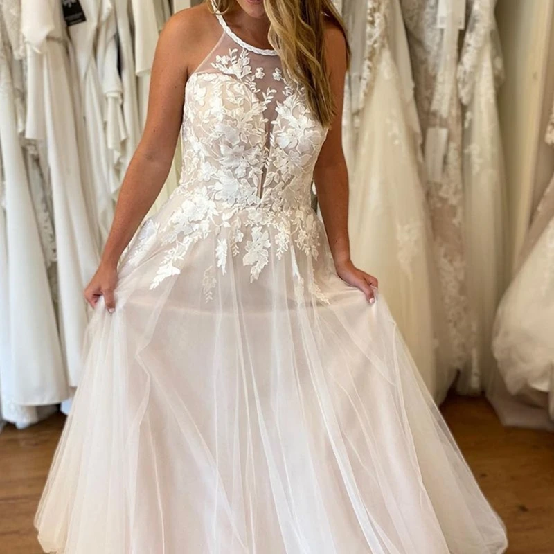 Wedding Dress Halter Lace Appliques Sleeveless Tulle Women Bridal Gowns Charming For Lady Bohemian White Beach Simple Robe DE