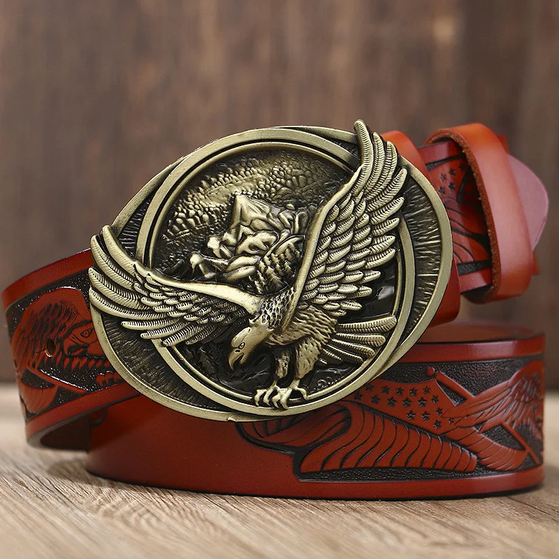 Western denim personality fashionable leather belt men's casual male eagle buckle carving craft belt