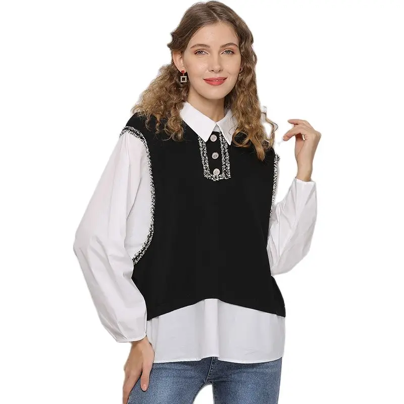 XIKOI Women Retro Patchwork White Blouses 2021 Fashion Long Sleeve Turn Down Collar Office Shirt Tops Plus Size Blusas Femininas