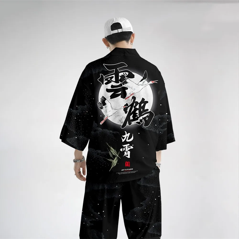 Oversize 6XL Men Kimono Cardigan Trousers Suit Japanese Print Crane Yukata Robe Set Novelty Jacket Chinese Style Tang Suit