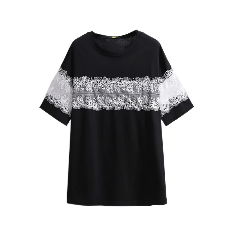 New 2021 Ladies Summer Plus Size Tops For Women Large Short Sleeve Loose Black Cotton Lace O-neck T-shirt 3XL 4XL 5XL 6XL 7XL