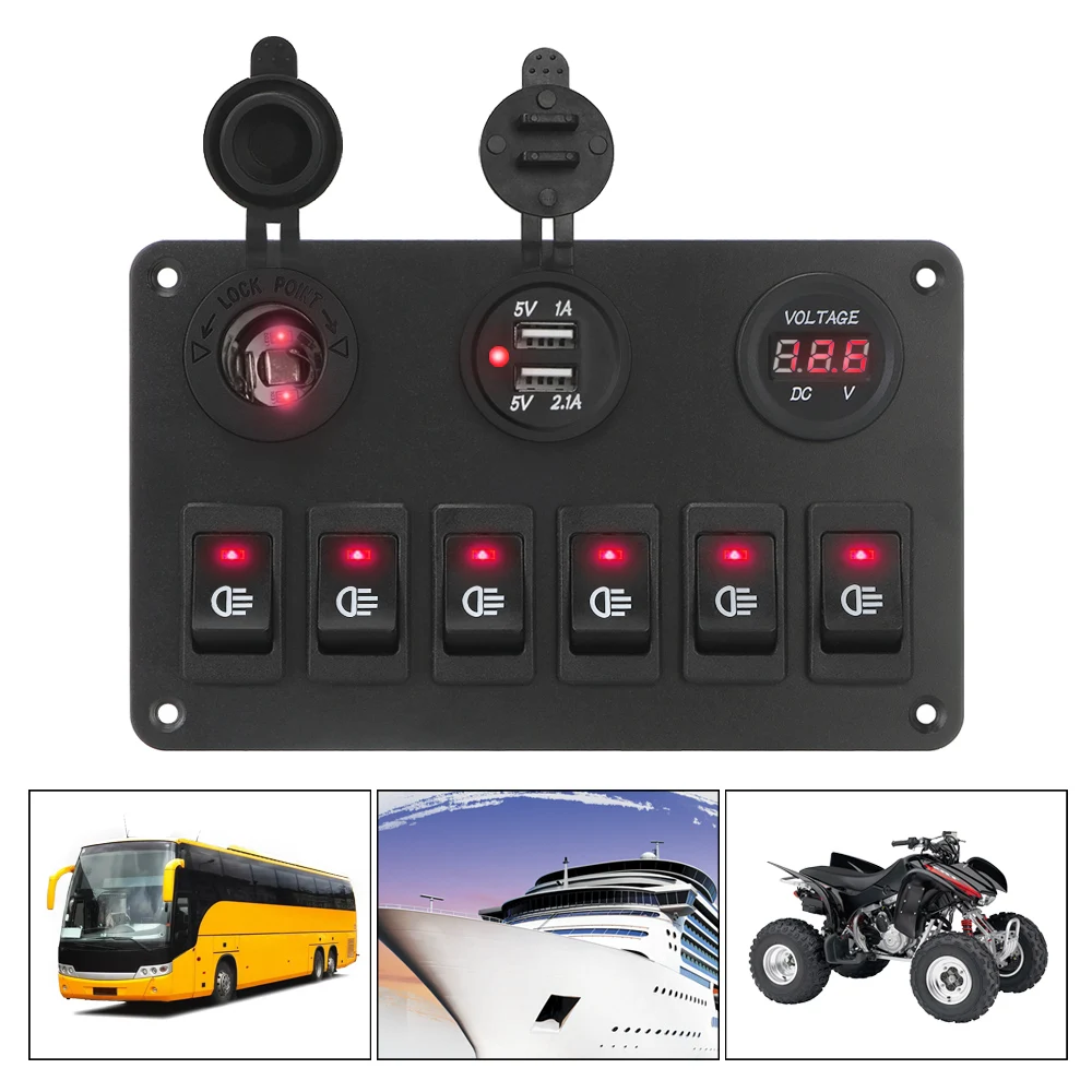 6 Gang Rocker Switch Panel LED Digital Voltmeter Dual USB Ports DC 12V/24V ON/OFF Lights Waterproof Car Marine Circuit Breaker