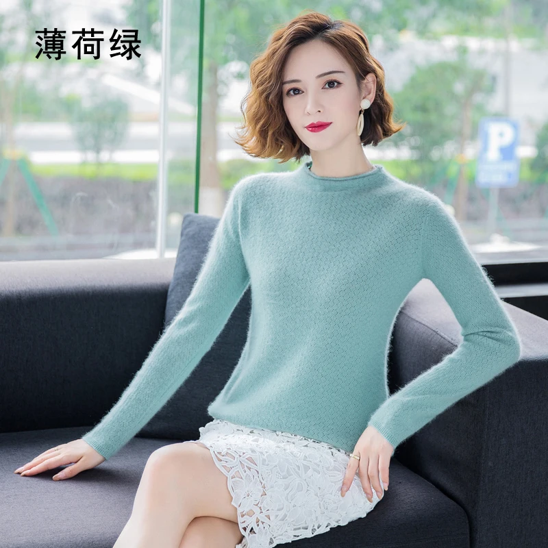 New Autumn Round Neck 100%Pure Mink Cashmere Sweater Women Short Loose Knit Base Shirt Long-Sleeve Hollow Blouse Warm Pullover