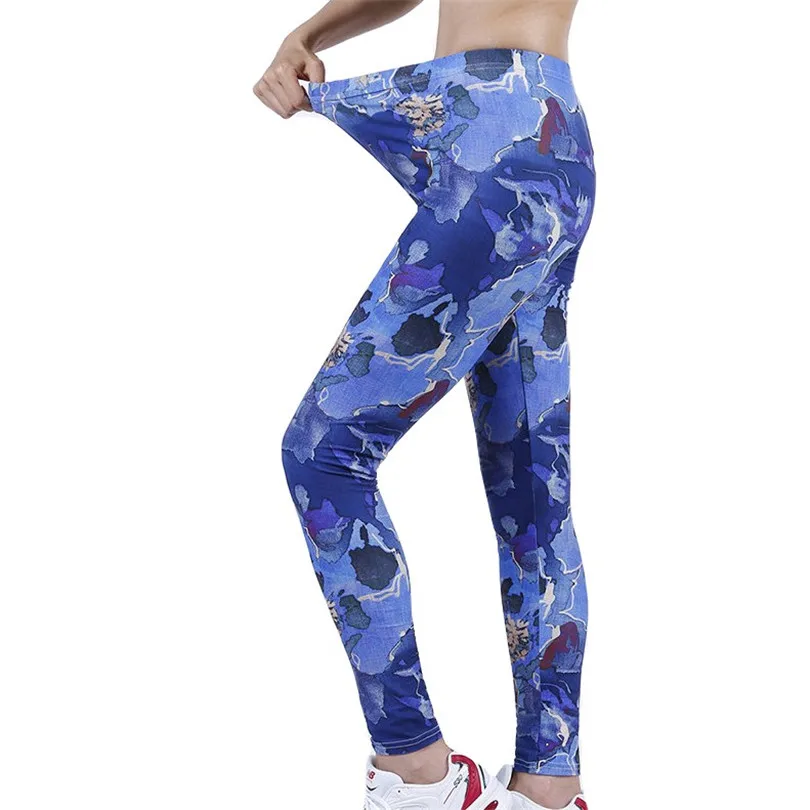 LJCUIYAO New Pants Women Leggings Fitness Soft Tights High Waist Dream Blue Flower Printing Pattern Sports Ankle-Length Clothes