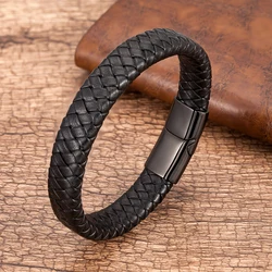 Bracelet en cuir tressé noir classique pour Homme, bijou à breloques, fermoir magnétique en acier inoxydable, Punk, cadeaux, 2020