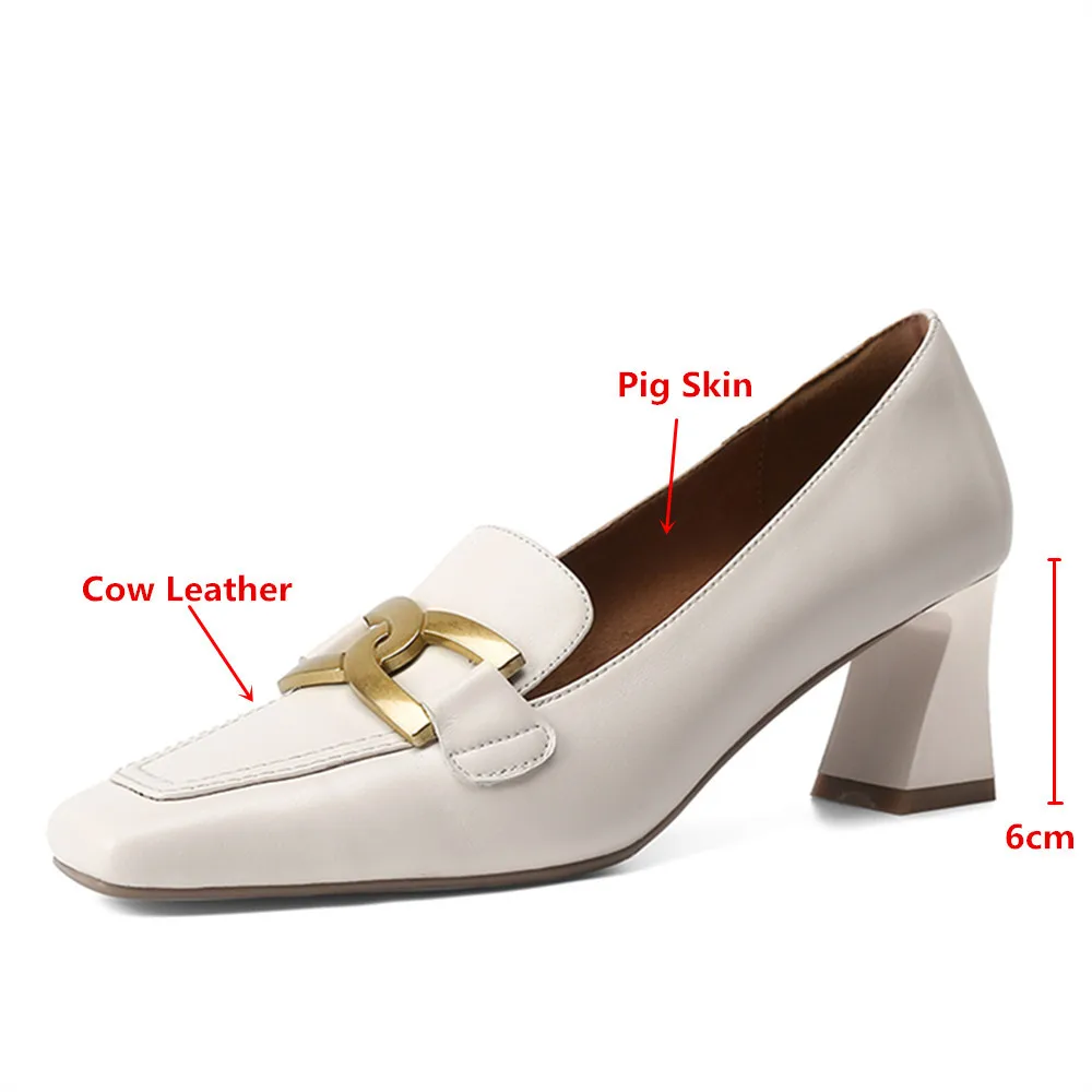 MILI-MIYA New Genuine Leather Loafers Shoes Women Spring Thick High Heels Black Beige Apricot Metal Design Square Toe Pumps