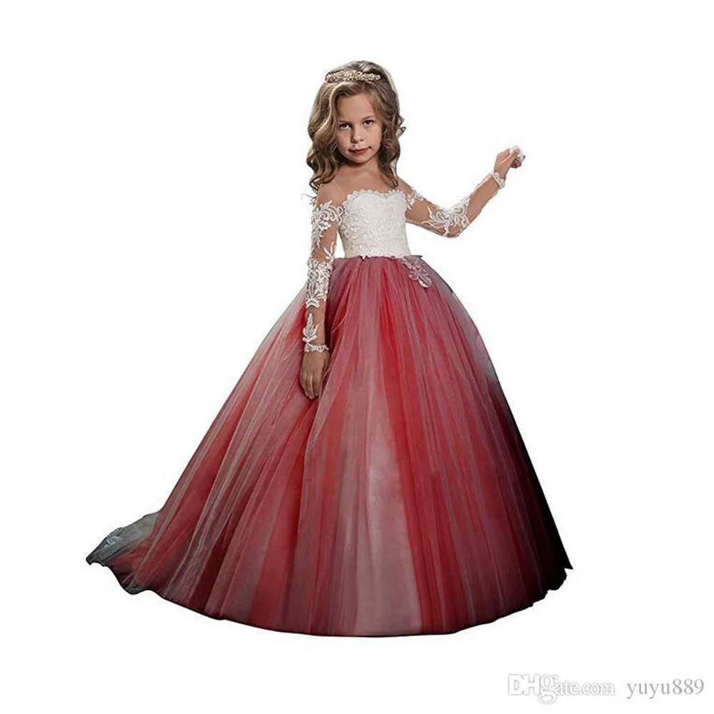 

Girls Flower Dresses for Wedding Long Sleeve Jewel Neck Beading Ruffle Toddler Pageant Dress Kids Princess Prom Gowns