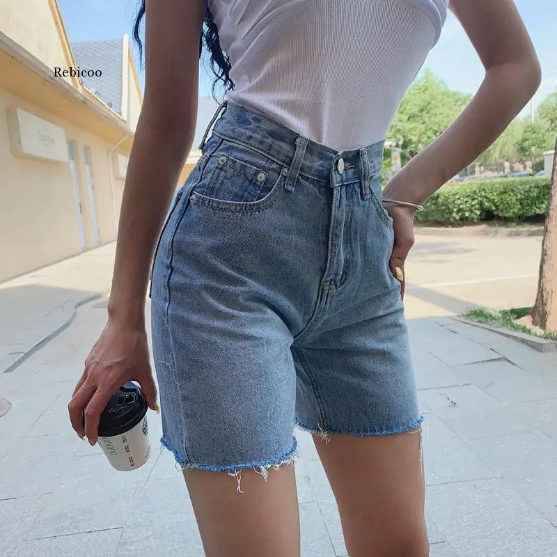 High Waist Slim Denim Shorts Rebicoo  Woman New Fashion Tassel Tight Five-point Denim Shorts Washed Sexy Female summer