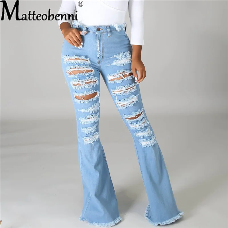 Fashion Women Hole High Waist Ripped Slit Flare Jeans Ladies Black Tassel Denim Trousers Sexy Skinny Bell Bottoms Jean Pants