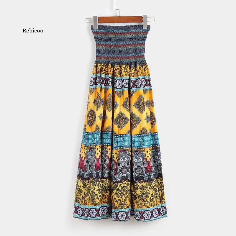 High Waist Boho Floral Women Long Skirt Pleated A-line Elastic Sashes Vintage Women\'s Skirts Spring Summer Fashion beach Clothes
