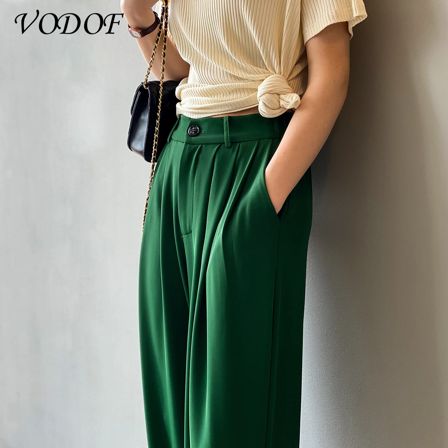 VODOF Suit Pants Woman High Waist Pants Sashes Pockets Office Ladies Pants Fashion Middle Aged Pink Yellow Pants