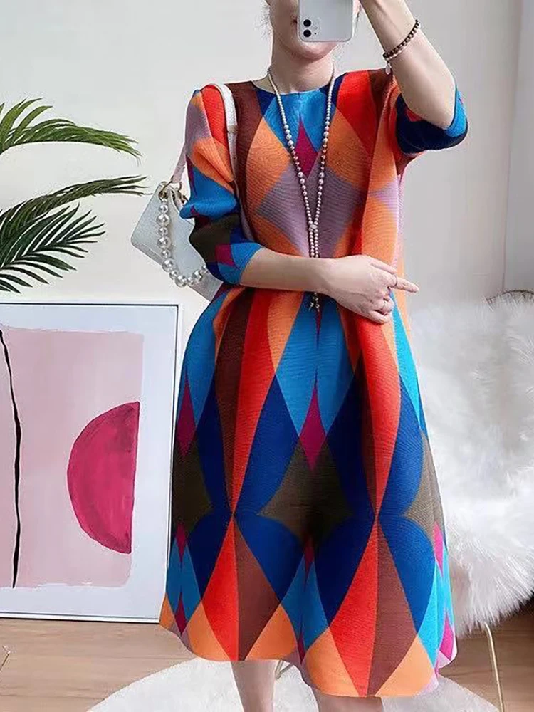 Miyake Pleated Print Dress Spring 2024 New Loose And Thin Temperament Vestidos In Stock Red, Blue And Orange